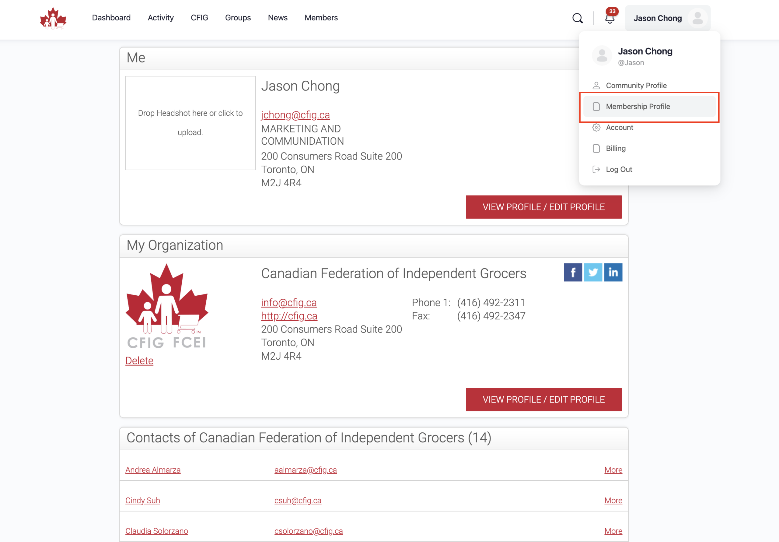 Membership and company profile screenshot